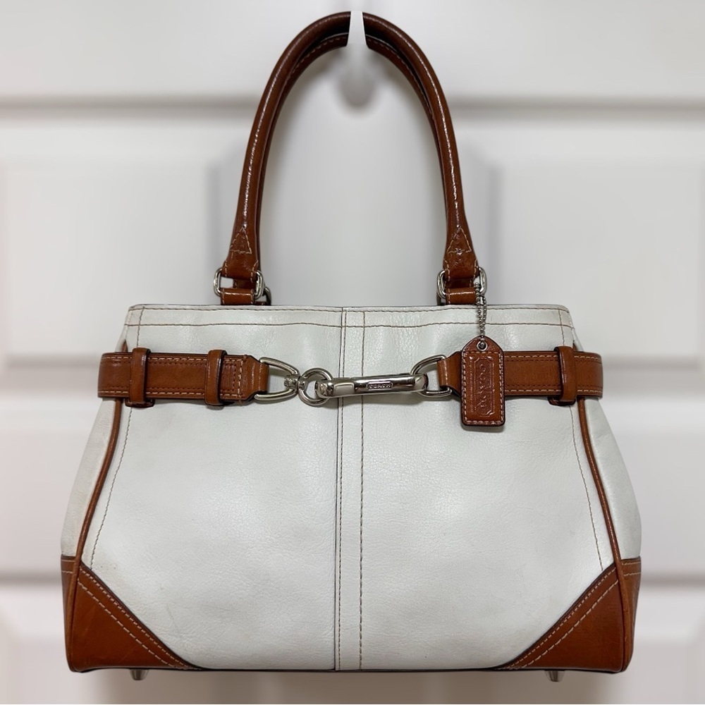 Coach Hamptons Satchel White Leather Cognac Trim Dog-Leash Clip Vintage Y2K